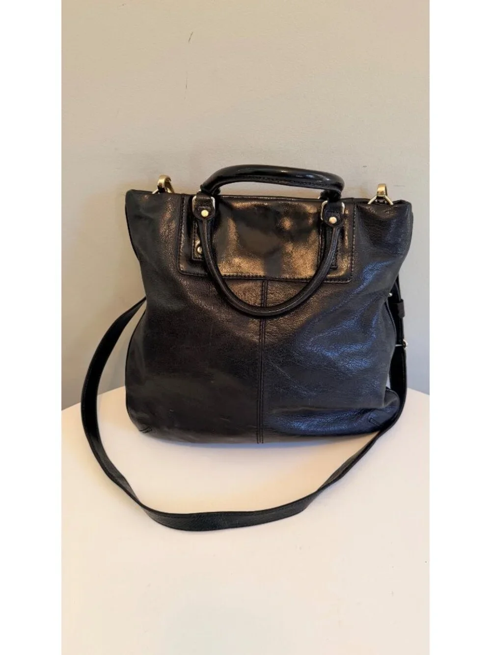 Kate Spade Black Leather Crossbody Tote With Polka Dot Lining & Adjustable Strap